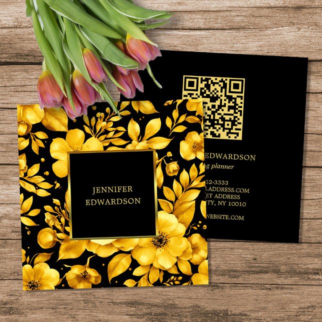 Tarjeta De Visita Cuadrada Elegant gold black flowers QR code professional (Elegant gold black flowers QR code professional Square Business Card.)