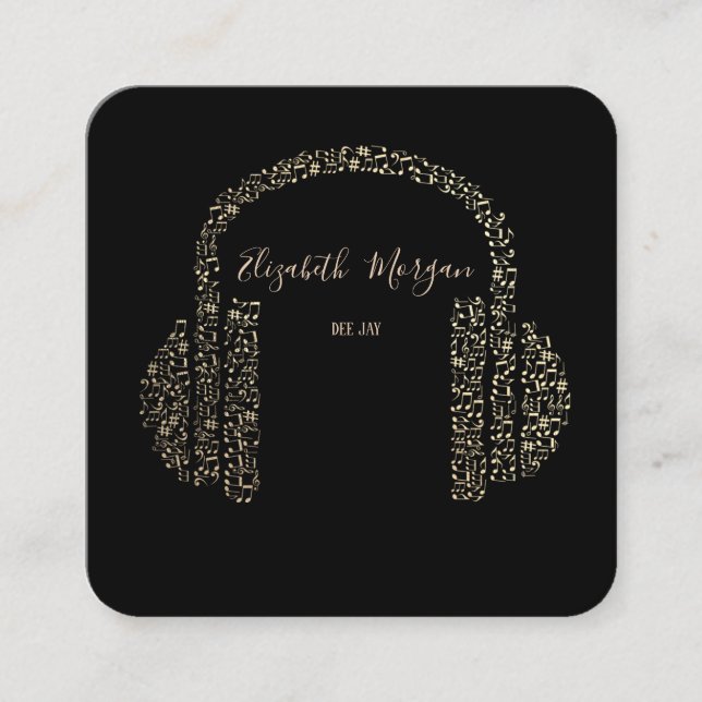 Tarjeta De Visita Cuadrada Elegant Gold Music Notes Headphone DJ (Anverso)
