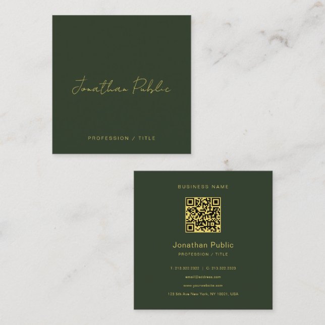 Tarjeta De Visita Cuadrada Elegant Green Handwritten Script Gold Text QR Code (Anverso / Reverso)