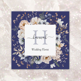 Tarjeta De Visita Cuadrada Elegant Monogram Pretty Beige Blue Flowers Floral