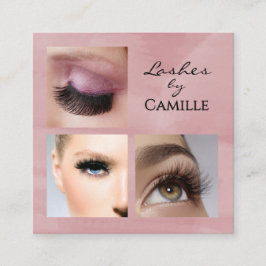 Tarjeta De Visita Cuadrada Elegant Pink Black Script 3 Photo Makeup