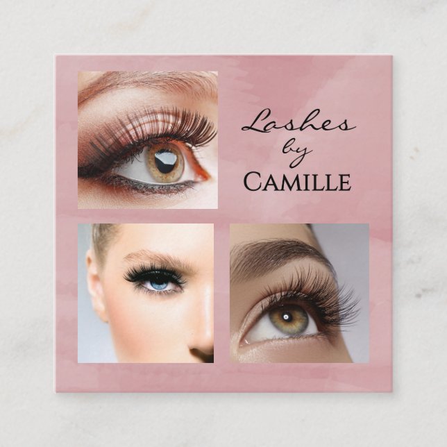 Tarjeta De Visita Cuadrada Elegant Pink Black Script 3 Photo Makeup (Anverso)