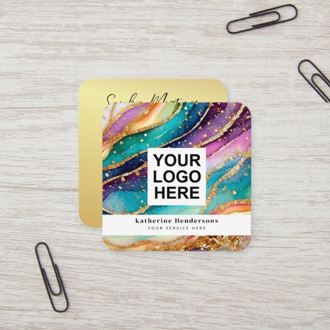 Tarjeta De Visita Cuadrada Elegant Rainbow Agate gold Glitter & QR Code Logo (Anverso/Reverso In Situ)