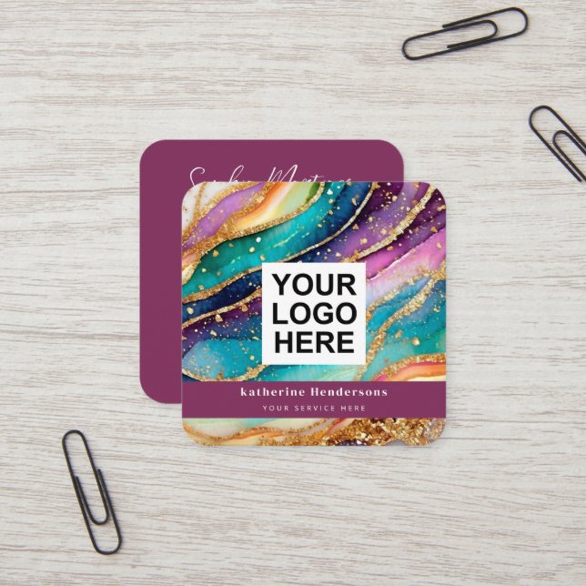 Tarjeta De Visita Cuadrada Elegant Rainbow Agate gold Glitter & QR Code Logo (Anverso/Reverso In Situ)