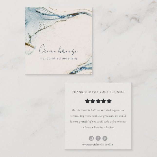 Tarjeta De Visita Cuadrada Elegante acuarela azul dorado solicitud de revisió (Anverso / Reverso)