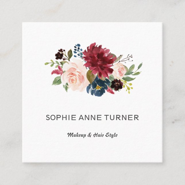 Tarjeta De Visita Cuadrada Elegante acuarela Burgundy Flowers Artista de maqu (Anverso)