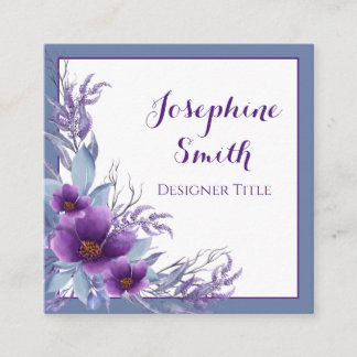 Tarjeta De Visita Cuadrada Elegante acuarela Floral Azul morado