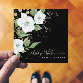 Tarjeta De Visita Cuadrada Elegante acuarela floral Black Modern Gold Script