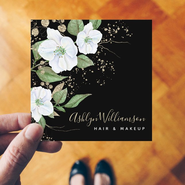 Tarjeta De Visita Cuadrada Elegante acuarela floral Black Modern Gold Script (Subido por el creador)