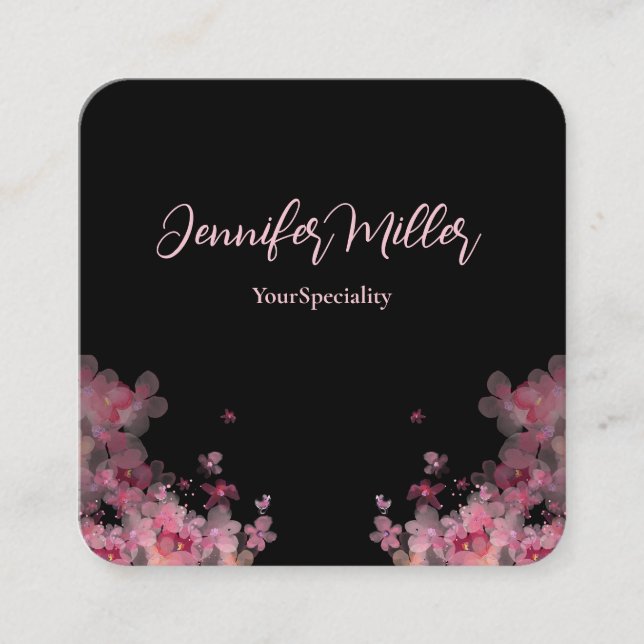 Tarjeta De Visita Cuadrada Elegante acuarela floral negro (Anverso)