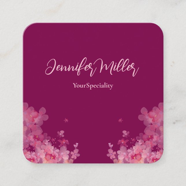 Tarjeta De Visita Cuadrada Elegante acuarela floral rosa oscuro (Anverso)