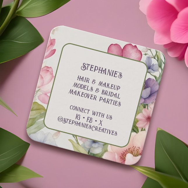 Tarjeta De Visita Cuadrada Elegante acuarela floral trendy rosa femenino (Spring aesthetic watercolor floral business card for creative services, unique square shape)