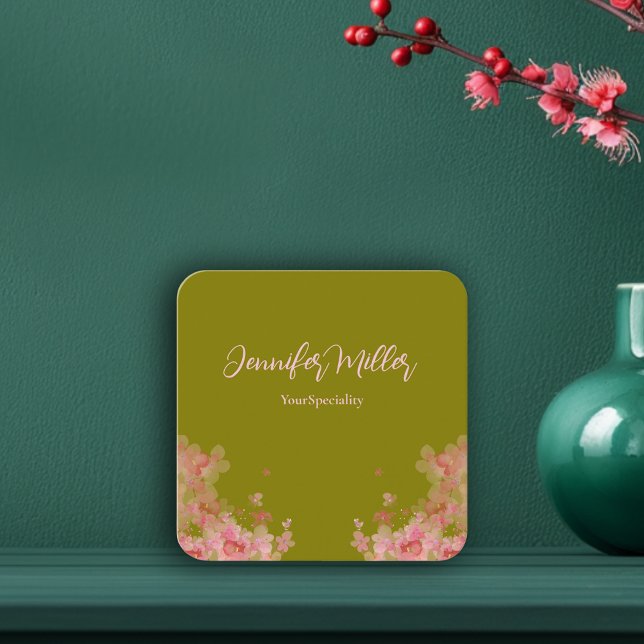 Tarjeta De Visita Cuadrada Elegante acuarela floral verde oliva (Elegant watercolor floral olive green square business card)