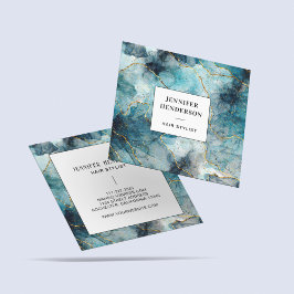 Tarjeta De Visita Cuadrada Elegante acuarela Marble Blue Gold Hairdresser