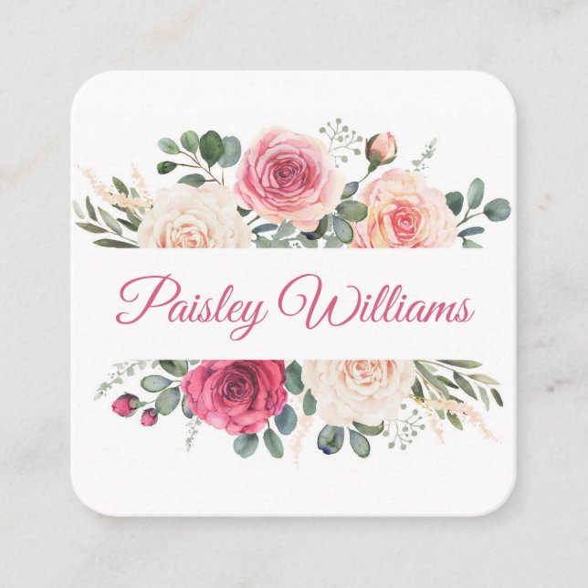 Tarjeta De Visita Cuadrada Elegante acuarela Rubor Rosa guión floral (Anverso)