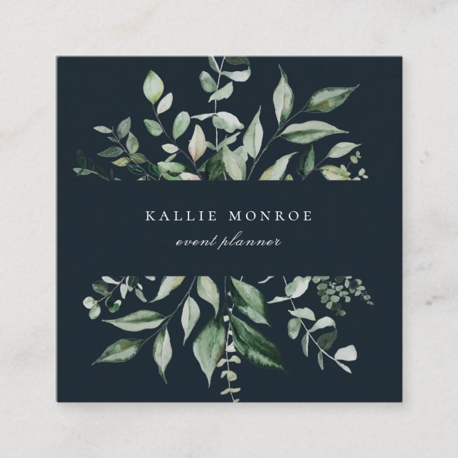 Tarjeta De Visita Cuadrada Elegante acuarela Wild Foliage Azul oscuro (Anverso)