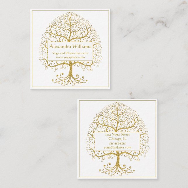 Tarjeta De Visita Cuadrada Elegante árbol blanco dorado de la vida personaliz (Anverso / Reverso)