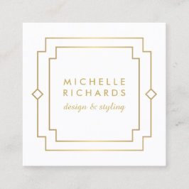Tarjeta De Visita Cuadrada Elegante Art Deco Profesional Blanco/Oro