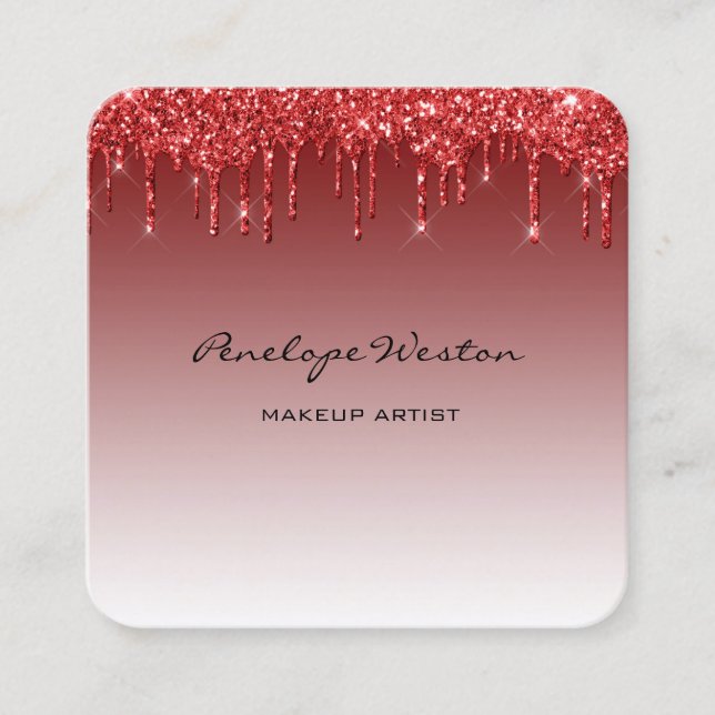 Tarjeta De Visita Cuadrada Elegante artista de maquillaje de Purpurina rojo (Anverso)