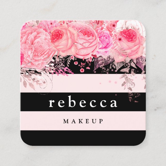 Tarjeta De Visita Cuadrada Elegante artista de maquillaje de rayas negras con (Anverso)