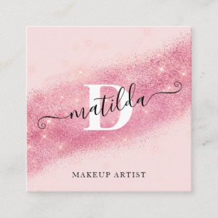 Tarjeta De Visita Cuadrada Elegante artista de maquillaje purpurina rosa dora