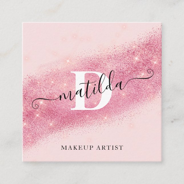 Tarjeta De Visita Cuadrada Elegante artista de maquillaje purpurina rosa dora (Anverso)
