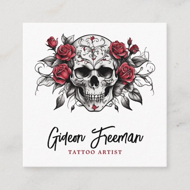 Tarjeta De Visita Cuadrada Elegante artista de tatuajes en blanco y negro (Anverso)