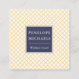 Tarjeta De Visita Cuadrada Elegante azul con patrón de enrejado amarillo