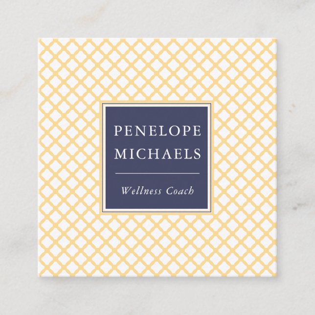 Tarjeta De Visita Cuadrada Elegante azul con patrón de enrejado amarillo (Anverso)