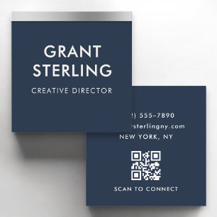 Tarjeta De Visita Cuadrada Elegante Azul Marino Metálico Código QR Profesiona