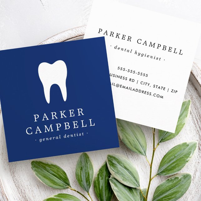 Tarjeta De Visita Cuadrada Elegante azul marino y blanco dentista dental (Elegant navy blue and white tooth dentist dental square business card)
