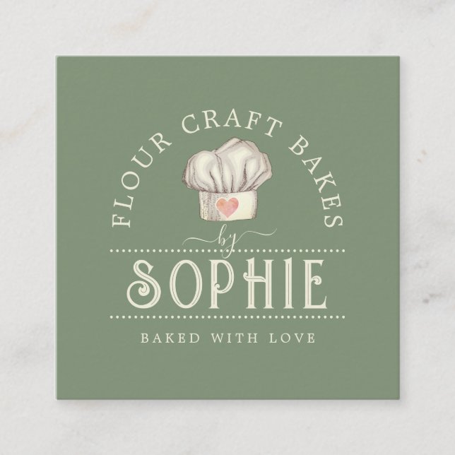 Tarjeta De Visita Cuadrada Elegante Baker's Pastry Chef Logo Cream Sage Green (Anverso)