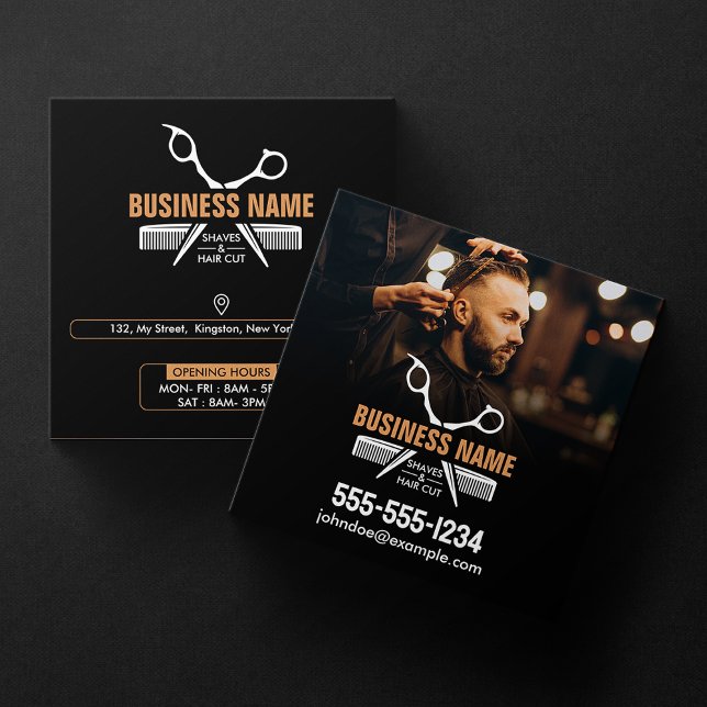 Tarjeta De Visita Cuadrada Elegante BarberShop profesional negro con estilo (Subido por el creador)