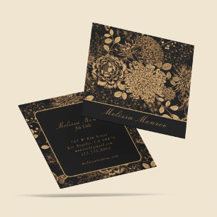 Tarjeta De Visita Cuadrada Elegante Black & Beige Wildflowers Profesional