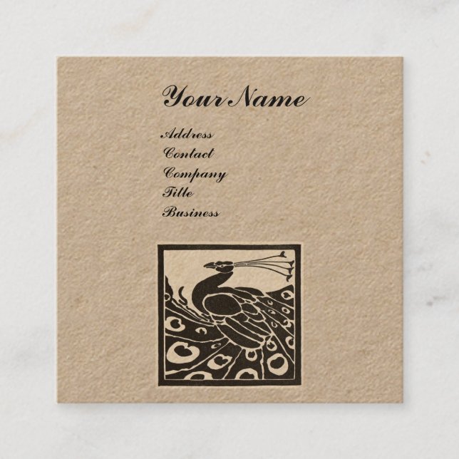 Tarjeta De Visita Cuadrada ELEGANTE BLANCO NEGRO PEACOCK MONOGRAM Kraft Paper (Anverso)