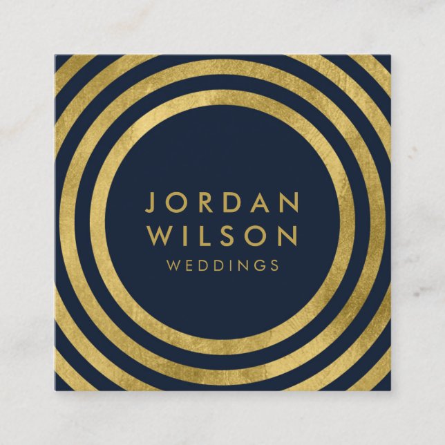 Tarjeta De Visita Cuadrada Elegante Blue Faux Gold Round Lines Geométrico (Anverso)