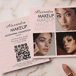 Tarjeta De Visita Cuadrada Elegante Blush Rosa Negro Script 3 Foto Maquillaje
