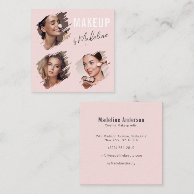 Tarjeta De Visita Cuadrada Elegante Blush Rosa Script Negro 3 Foto Maquillaje (Anverso / Reverso)