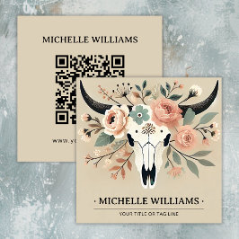 Tarjeta De Visita Cuadrada Elegante Boho Western Bull Cow Skull con código QR