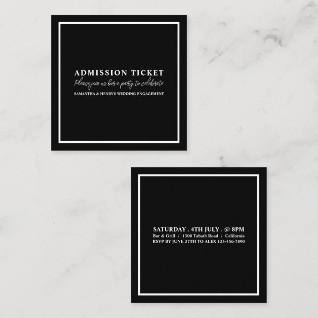 Tarjeta De Visita Cuadrada Elegante boleto negro y blanco para admisión (Anverso / Reverso)