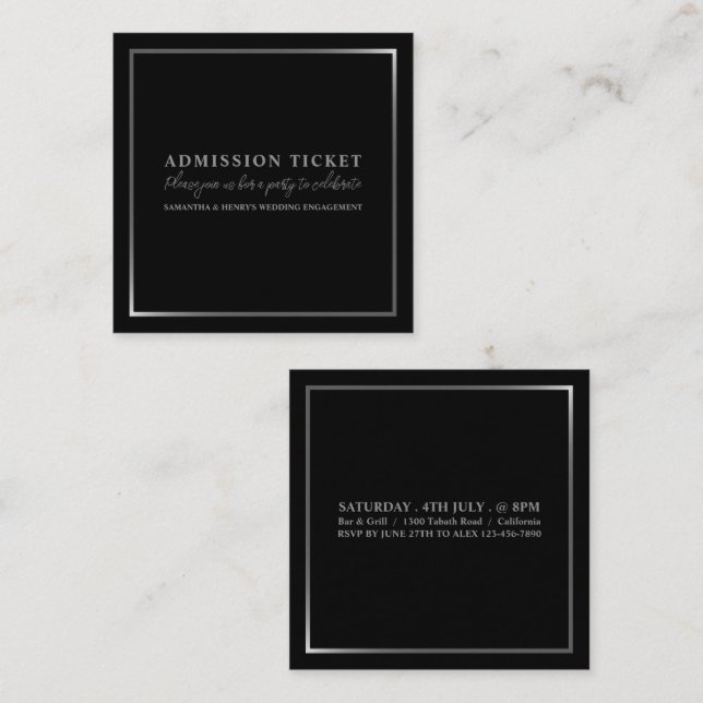 Tarjeta De Visita Cuadrada Elegante boleto negro y plateado de admisión (Anverso / Reverso)