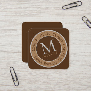 Tarjeta De Visita Cuadrada Elegante borde redondeado de color marrón monogram
