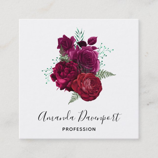 Tarjeta De Visita Cuadrada Elegante Bouquet Magenta Rosa Floral (Anverso)