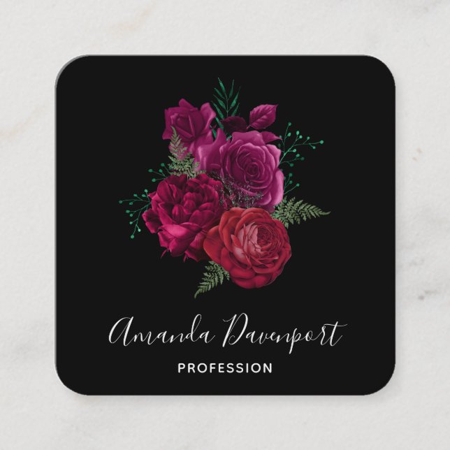 Tarjeta De Visita Cuadrada Elegante Bouquet Magenta Rosa Floral (Anverso)