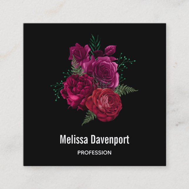 Tarjeta De Visita Cuadrada Elegante Bouquet Magenta Rosa Floral (Anverso)