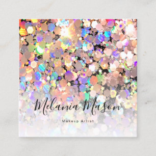 Tarjeta De Visita Cuadrada Elegante Brillo Holográfico Maquillaje Artista Neg
