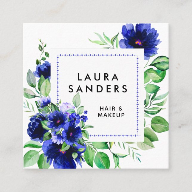 Tarjeta De Visita Cuadrada Elegante cabello de flores azules y maquillaje (Anverso)