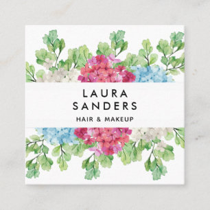 Tarjeta De Visita Cuadrada Elegante cabello de flores rojas y maquillaje