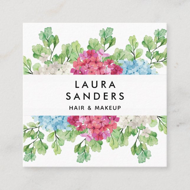 Tarjeta De Visita Cuadrada Elegante cabello de flores rojas y maquillaje (Anverso)