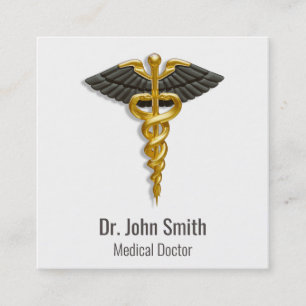 Tarjeta De Visita Cuadrada Elegante Caduceo de Oro Médico Alas Negras con Cla